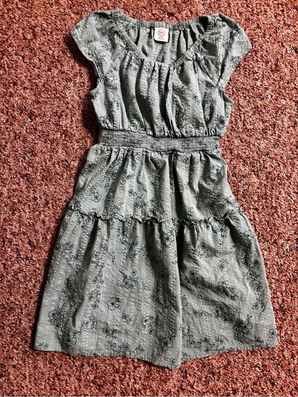 Girls Green Floral Tiered Dress with Smocked Waist